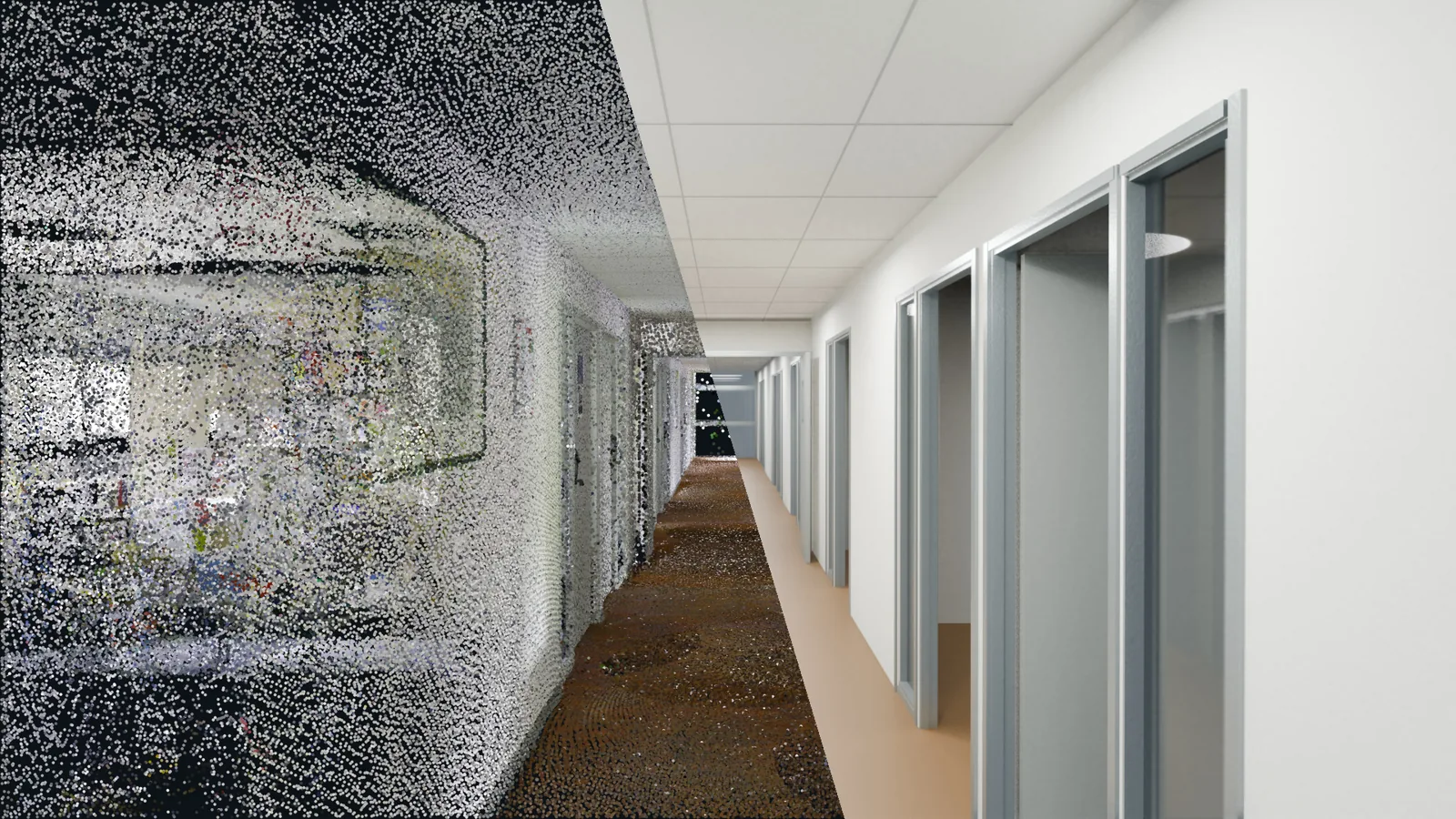 Civilian school corridor showing matched scan and illustrative reconstructed geometry